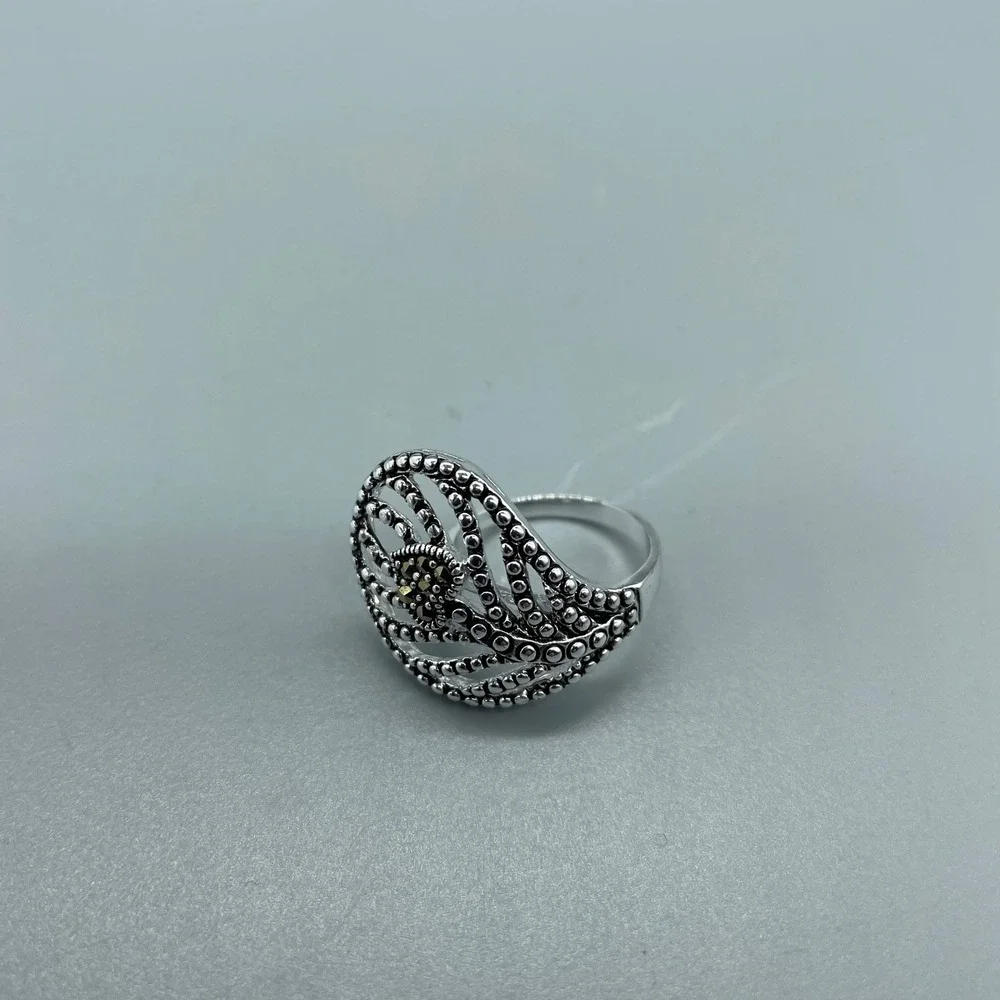 Silver‎ tone Marcasite Filigree Statement Ring Size 7.75 Vintage signed